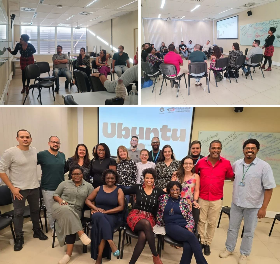 Coleção de 3 fotos tiradas durante o curso.
Na primeira, a Professora Débora encontra-se em pé enquanto realiza anotações no quadro para os demais observarem.
Na segunda, a mesma imagem é retratada de outro ângulo, com todos os integrantes do grupo sentados em forma de roda.
Na última, todos estão reunidos para foto, com o escrito "UBUNTU" destacado ao fundo no telão do projetor.