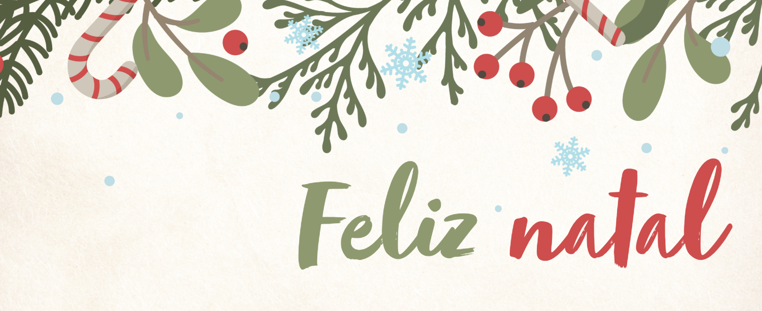 fundo bege claro com decorações natalinas em cima, com o escrito feliz natal